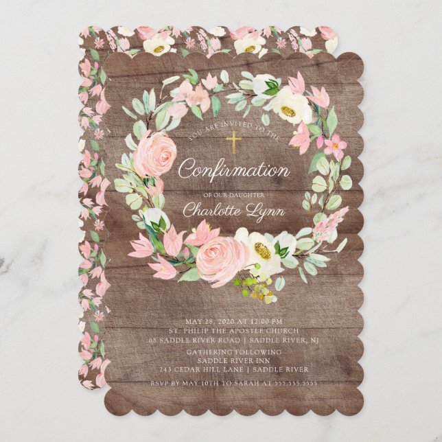 Rustic Chic Blush Pink Floral Confirmation Invitation (Front/Back)