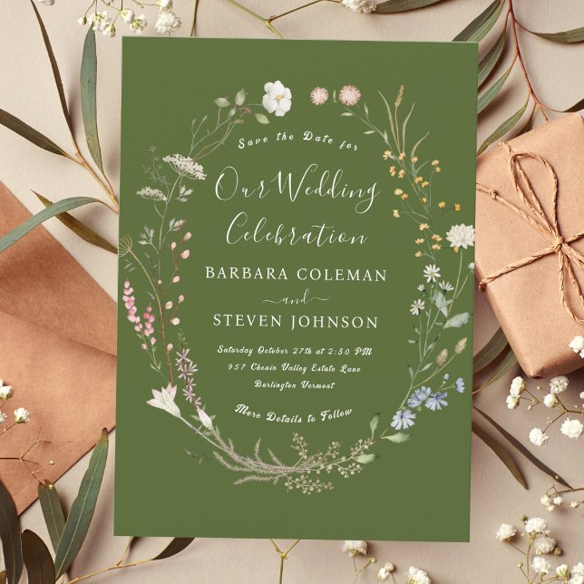 Rustic Chic Boho Wildflower Moss Green Wedding Invitation (Creator Uploaded)