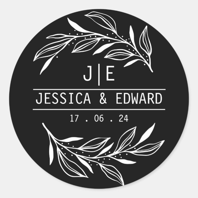 Rustic Chic Botanical Couple Initials Black White Classic Round Sticker (Front)
