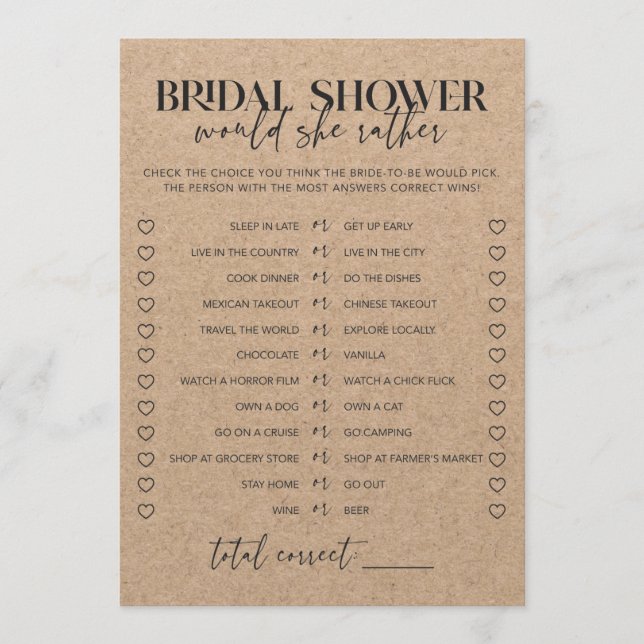 Rustic Chic Bridal Shower Would She Rather Game (Front)