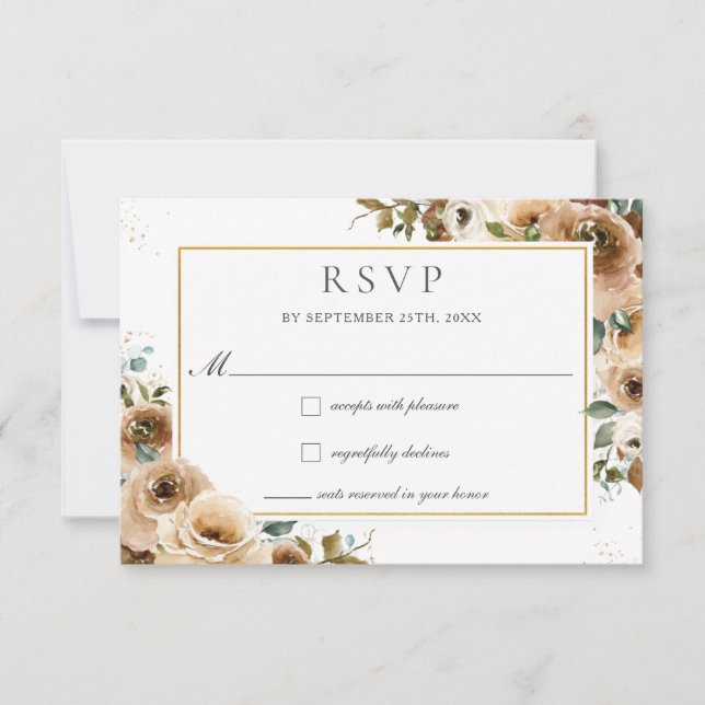 Rustic Chic Brown Cream Roses Fall Floral Wedding  RSVP Card (Front)