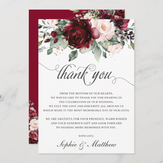 Rustic Chic Burgundy Blush Floral Wedding Bridal   Thank You Card (Front/Back)