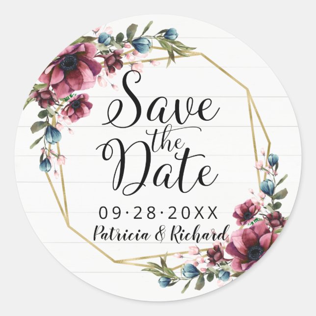 Rustic Chic Burgundy Floral Save The Date Classic  Round Sticker (Front)