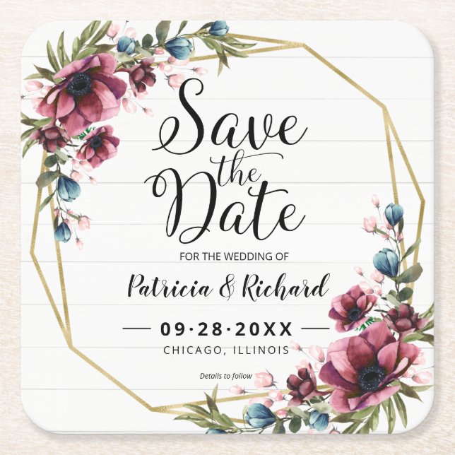 Rustic Chic Burgundy Floral Save The Date Square Paper Coaster (Front)