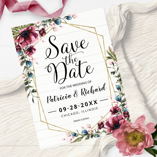 Rustic Chic Burgundy Floral Wedding Save The Date Postcard (Creator Uploaded)