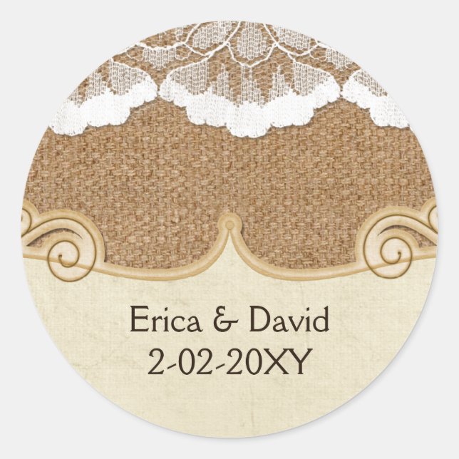 Rustic Chic burlap and lace country wedding Classic Round Sticker (Front)