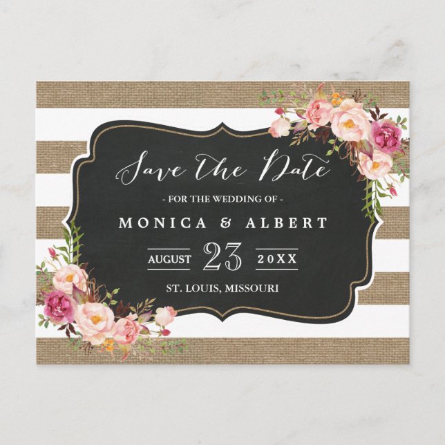 Rustic Chic Burlap Stripes Floral Save the Date Announcement Postcard (Front)