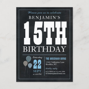Rustic Chic Chalkboard Blue Balloon 15th Birthday Postcard