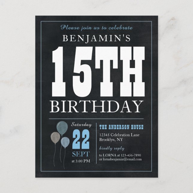 Rustic Chic Chalkboard Blue Balloon 15th Birthday  Postcard (Front)