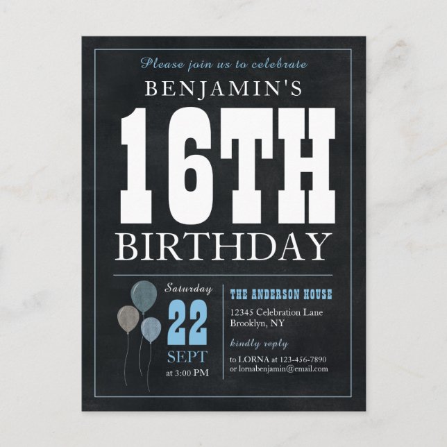Rustic Chic Chalkboard Blue Balloon 16th Birthday  Postcard (Front)
