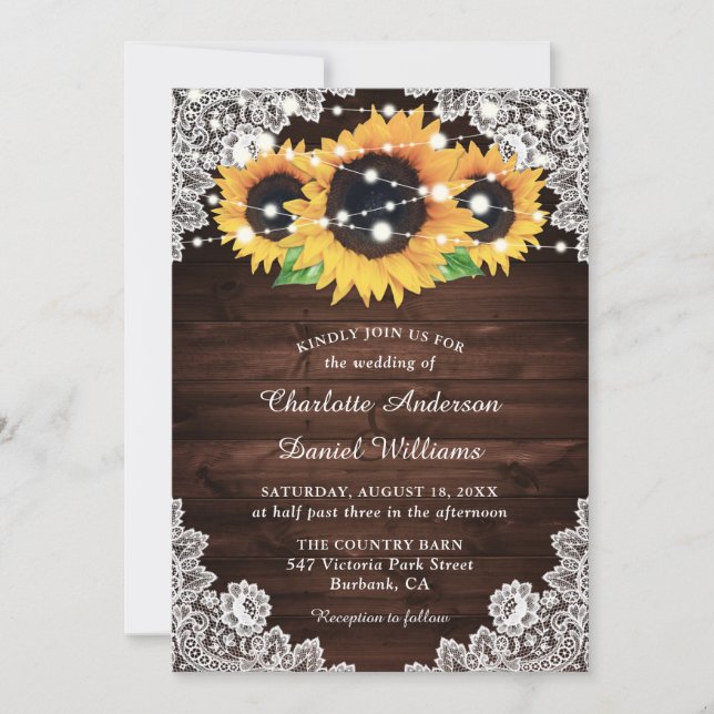 Rustic Chic Country Wood Lace Sunflower Wedding Invitation (Front)