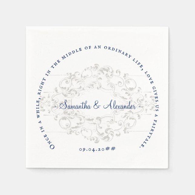 Rustic Chic Crest Ivory Royal Blue Gothic Wedding Napkin (Front)