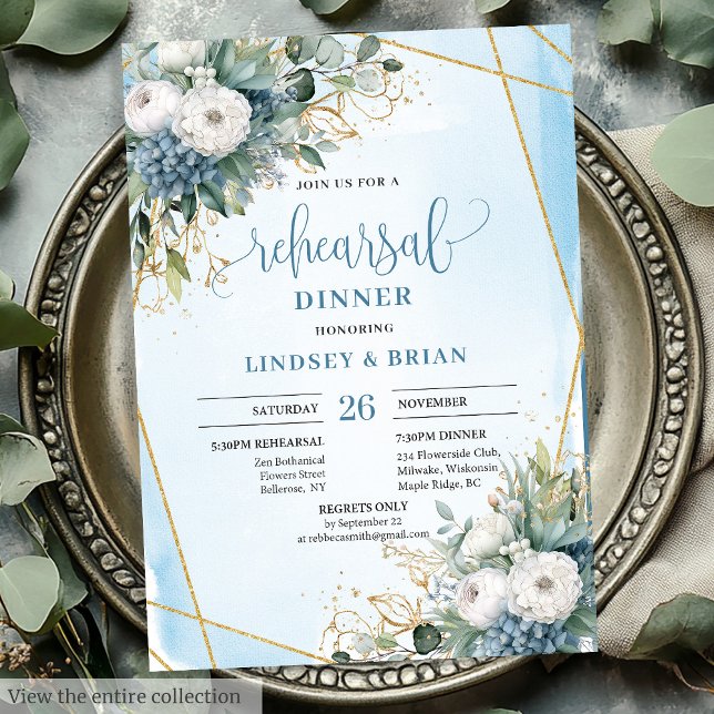 Rustic Chic Dusty Blue Greenery Gold Rehearsal  Invitation (Rustic Chic Dusty Blue Greenery Gold Rehearsal Invite)