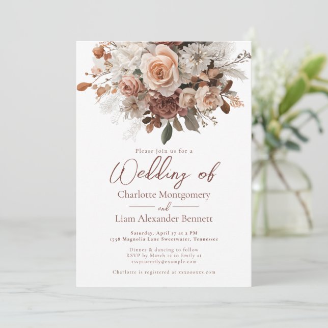 Rustic Chic Elegant Boho Blush Floral Wedding Invitation (Standing Front)
