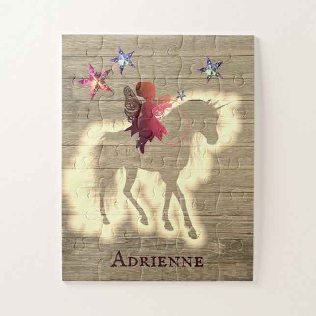 Rustic Chic Fairy Riding Unicorn Personalised Jigsaw Puzzle (Vertical)