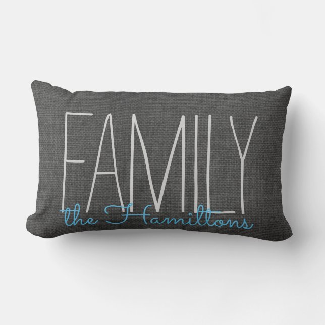 Rustic Chic Family Monogram IN DARK GREY AND BLUE Lumbar Cushion (Front)