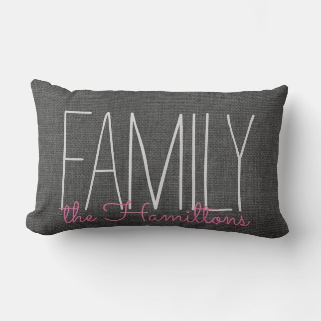 Rustic Chic Family Monogram IN DARK GREY AND PINK Lumbar Cushion (Front)