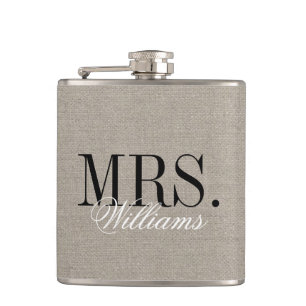 Rustic Chic Faux Burlap Mr. and Mrs. Monogram Hip Flask