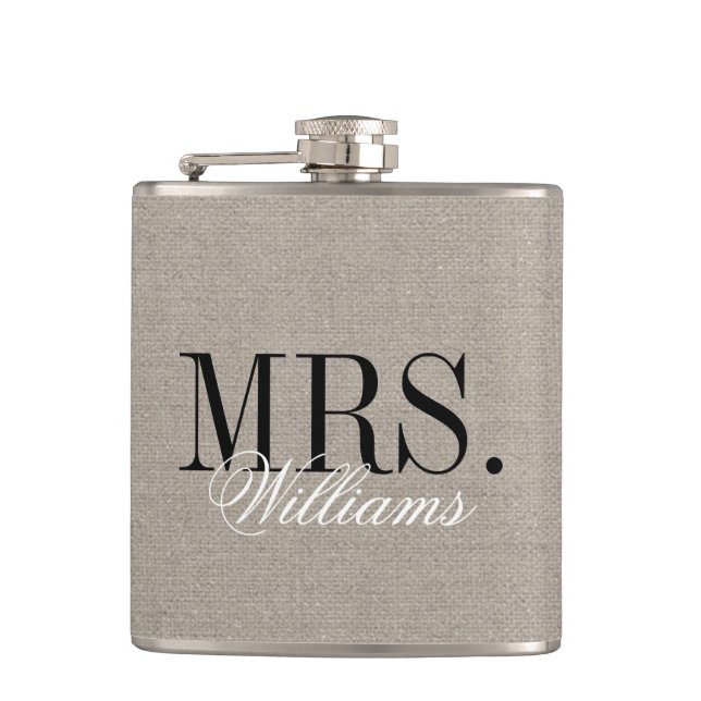 Rustic Chic Faux Burlap Mr. and Mrs. Monogram Hip Flask (Front)