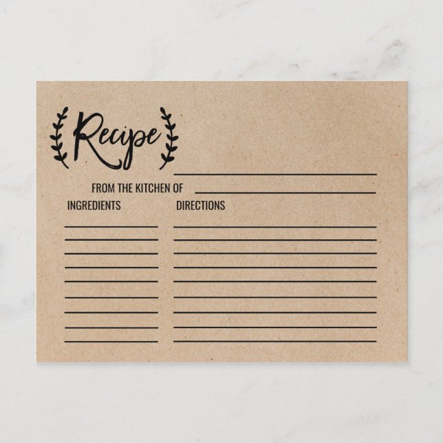 Rustic Chic Faux Kraft Bridal Shower Recipe Cards (Front)