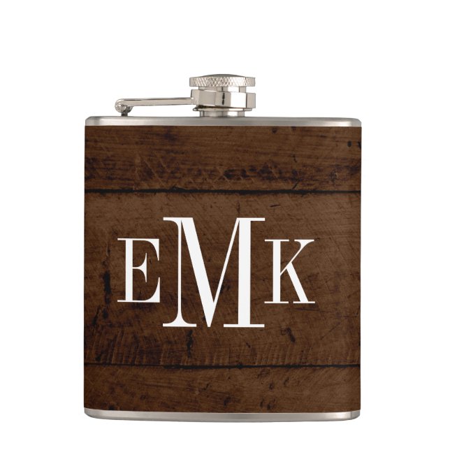 Rustic Chic Faux Wood Classic Monogram Hip Flask (Front)