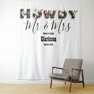 Rustic Chic Floral Howdy Mr and Mrs Photo Backdrop Tapestry