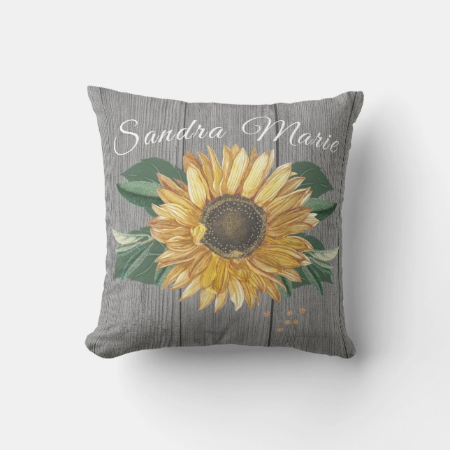 Rustic Chic Golden Yellow Sunflower Grey Wood Cushion (Front)