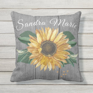 Rustic Chic Golden Yellow Sunflower Grey Wood Cushion