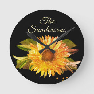  Rustic Chic Golden Yellow Sunflower  Round Clock