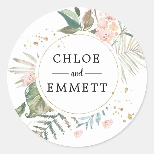 Rustic Chic Green Gold Botanical Boho Wedding Classic Round Sticker (Front)