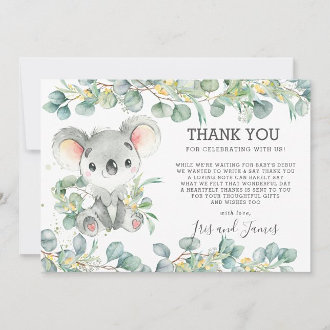 Rustic Chic Greenery Cute Koala Baby Shower Boy Thank You Card (Front)