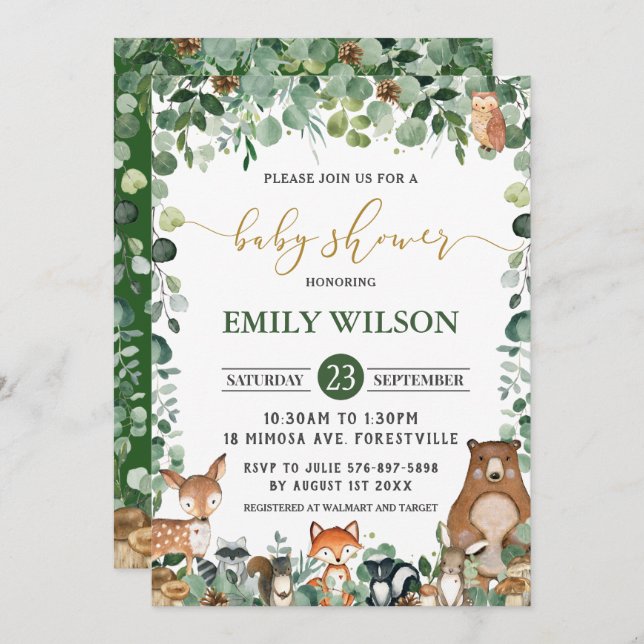 Rustic Chic Greenery Woodland Animals Baby Shower Invitation (Front/Back)