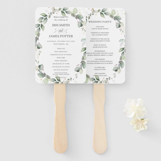 Rustic Chic Greenery Wreath Wedding Program Hand Fan (Front and Back)