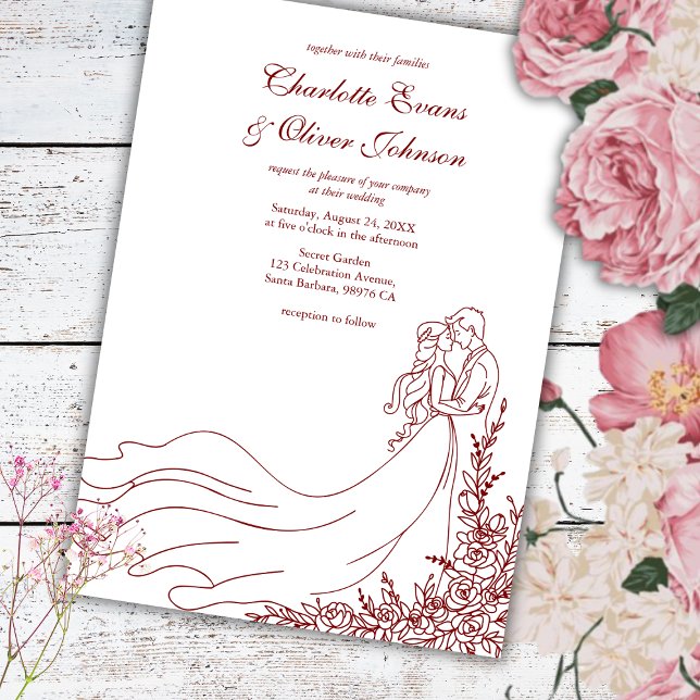 Rustic Chic Hand Drawn Couple Burgundy Wedding  Invitation (Creator Uploaded)
