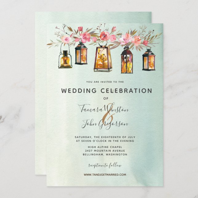 Rustic Chic Lanterns  Watercolor Floral Wedding Invitation (Front/Back)
