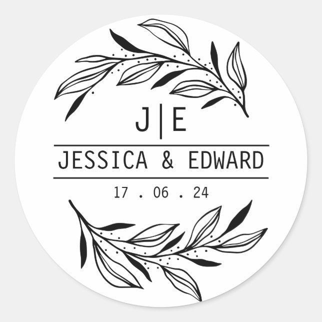 Rustic Chic Leaf Ampersand Couple Initials Script  Classic Round Sticker (Front)