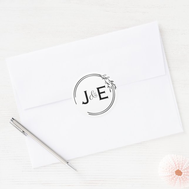 Rustic Chic Leaf Ampersand Couple Initials Script  Classic Round Sticker (Envelope)