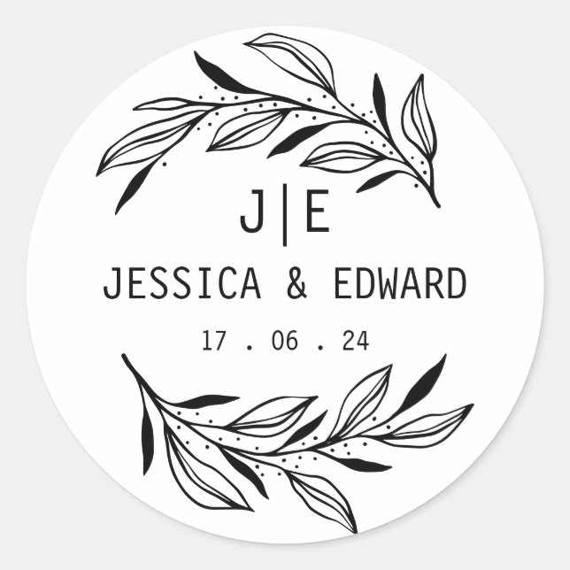 Rustic Chic Leaf Ampersand Couple Initials Script  Classic Round Sticker (Front)
