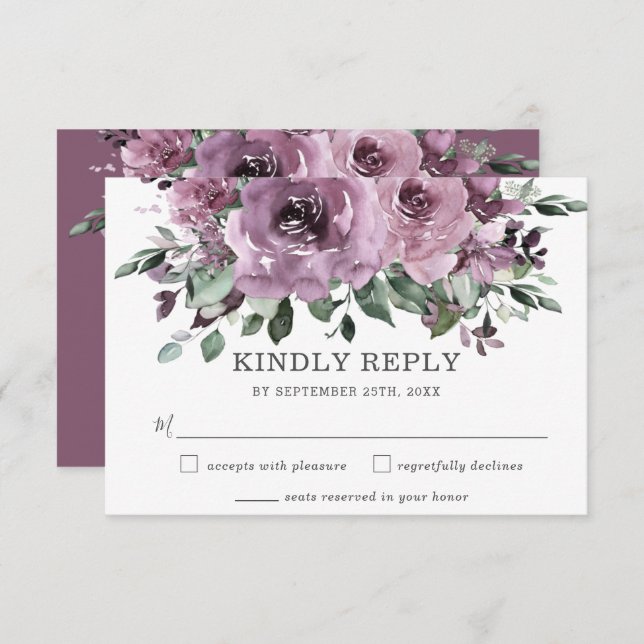 Rustic Chic Mauve Purple Floral Greenery Wedding RSVP Card (Front/Back)