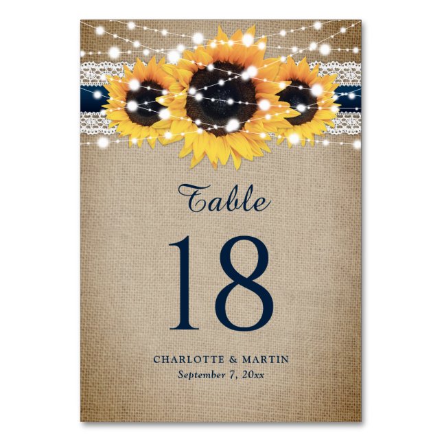 Rustic Chic Navy Blue Burlap Lace Sunflower Table Number (Front)