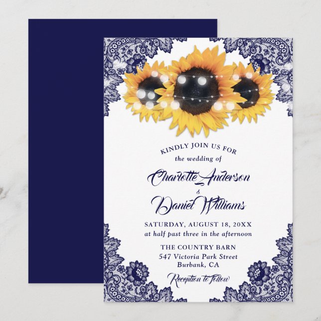 Rustic Chic Navy Blue Lace Sunflower Wedding Invitation (Front/Back)