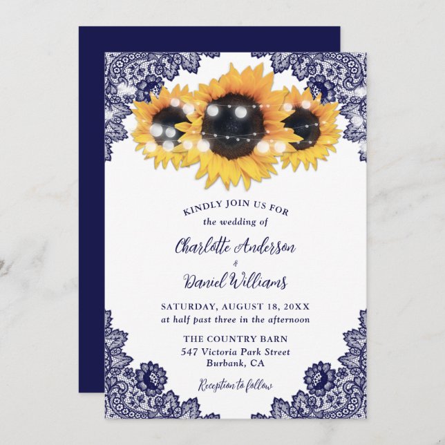 Rustic Chic Navy Blue Lace Sunflower Wedding Invitation (Front/Back)