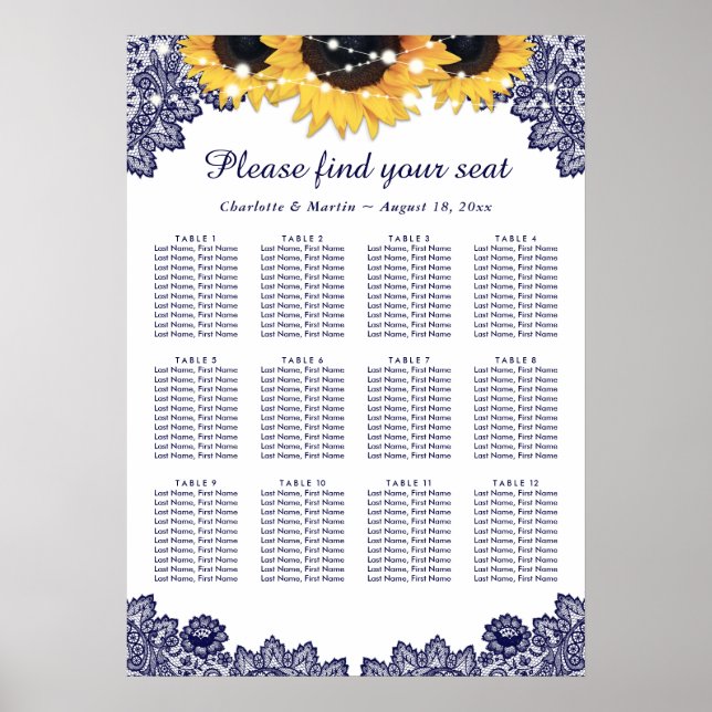 Rustic Chic Navy Blue Sunflower Seating Chart 12 (Front)