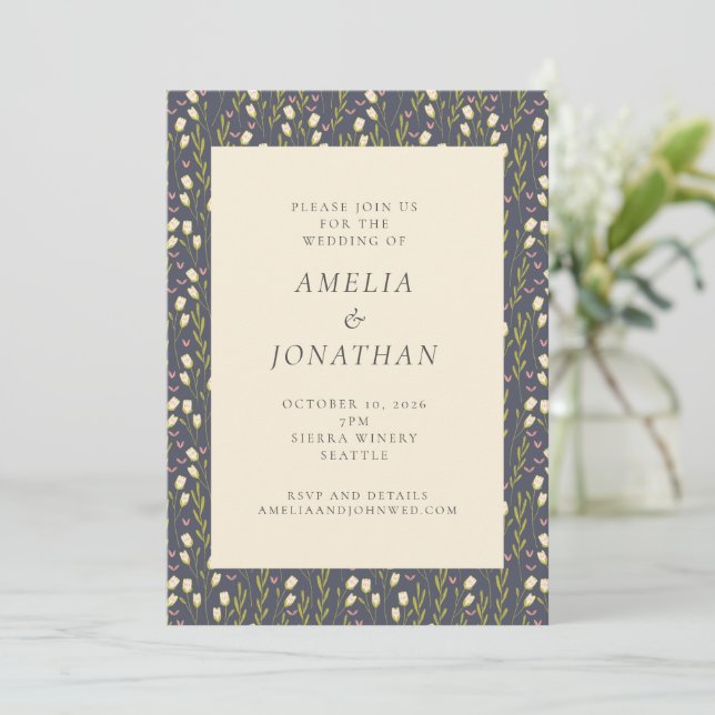 Rustic Chic Navy Garden Floral All-in-One Wedding  Invitation (Standing Front)