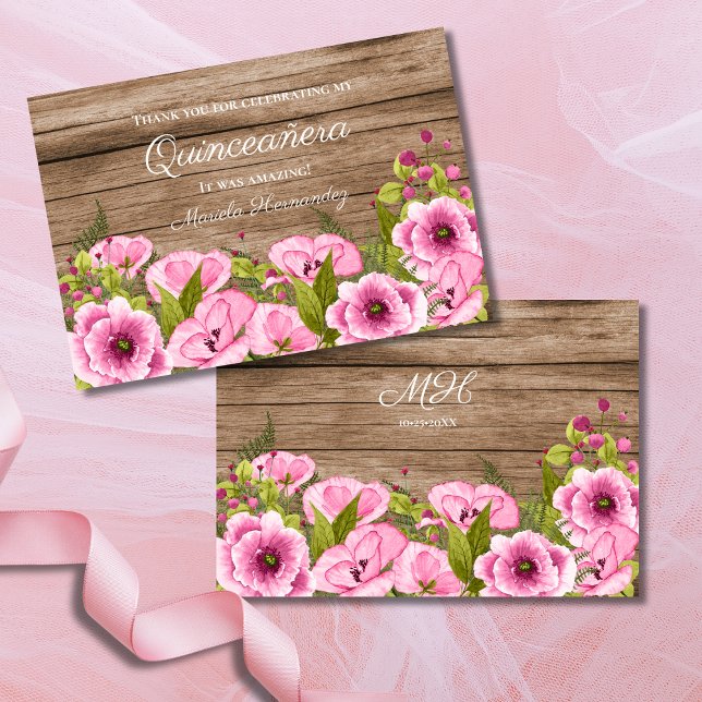 Rustic Chic Pink Poppies Quinceañera Thank You Card (Creator Uploaded)