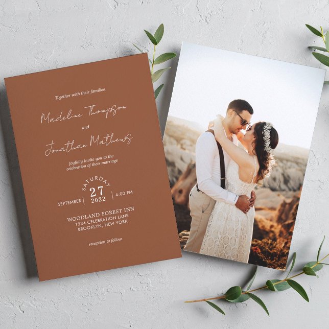 Rustic Chic Plain Terracotta Photo Wedding Invitation (Creator Uploaded)