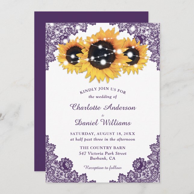 Rustic Chic Purple Lace Sunflower Wedding Invitation (Front/Back)