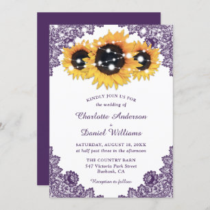 Rustic Chic Purple Lace Sunflower Wedding Invitation