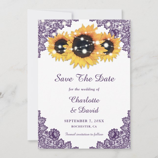 Rustic Chic Purple Sunflower Wedding Save The Date (Front)