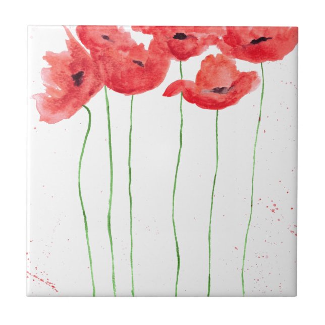 Rustic chic red Poppies flowers ceramic tile (Front)